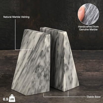Bey-Berk Harold Carrera Marble Bookends (Grey, Set of 2), 4" x 2.5" x 6" Wedge Book Ends, 6.45 lb Solid Stone Desk and Shelf Decor - color: Gray