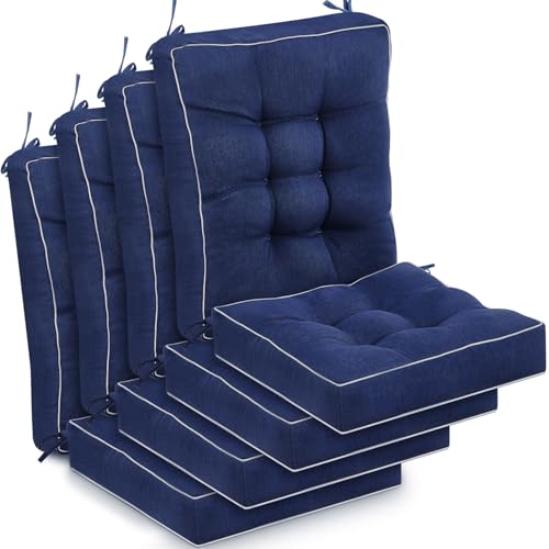 Juexica 4 Sets Outdoor Patio Cushions High Back Outdoor Chair Cushions Rocking Cushion Patio Fastness Chair Pads with Ties for Seasonal Indoor Home Office(Navy Blue,19 x 19 x 4) - color: Navy Blue, size: 19 x 19 x 4