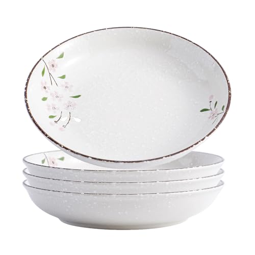 8 Inch Ceramic Pasta Bowls Salad Bowls Large Ceramic Serving Bowls for Soup, Dessert, Shallow Bowls Plates for Dinner (4Pack, Pink Sakura) - color: Pink Sakura