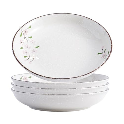 8 Inch Ceramic Pasta Bowls Salad Bowls Large Ceramic Serving Bowls for Soup, Dessert, Shallow Bowls Plates for Dinner (4Pack, Pink Sakura) - color: Pink Sakura