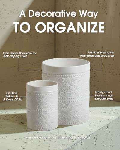 Kitchen Utensil Holder, 7.2+5.5" Super Large Utensil Crock Heavy and Stable Lace Emboss Ceramic Utensil Holder for Kitchen Counter(2Pcs Bright White) - color: 2Pcs Bright White