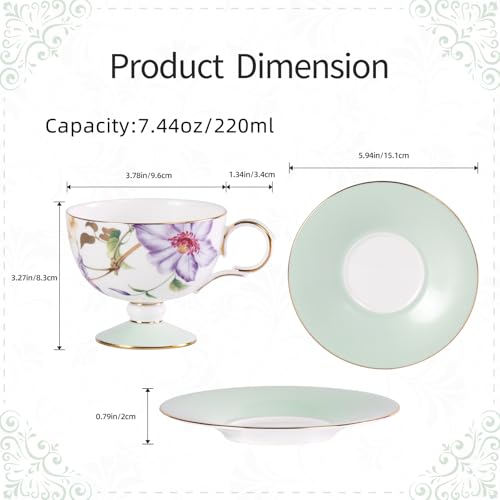 KAMMAK Tea Cups Set of 2,Ceramic Floral Pattern Demitasse Cup | Porcelain Espresso Cup with Saucer, 7.44 oz Handmade Elegant Bone China Tea Cups for Latte, Americano, Cappuccino - color: Begonia + Passionflower