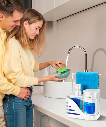 Kitchen Soap Dispenser Set, 4-in-1 Dual Hand and Dish Soap Dispenser with Sponge Holder and Dishcloth Holder for Kitchen Sink (White) - color: White