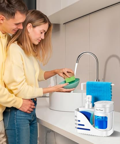 Kitchen Soap Dispenser Set, 4-in-1 Dual Hand and Dish Soap Dispenser with Sponge Holder and Dishcloth Holder for Kitchen Sink (White) - color: White