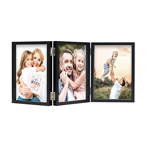 WUTL 3 Picture Frame Triple Collage 4x6 Frames with Real Glass Black | Trifold Photo Frame, Hinged Foldable, Crystal Clear Real Glass - color: Black, size: 4x6