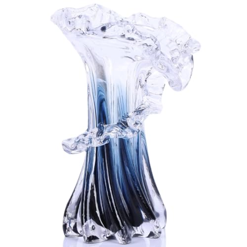 8.1" H Blue Ocean Wave Vase, Blown Glass Vase, Unique Modern Art Beautiful Hand Blown Coastal Centerpieces for Living Room, Bedroom, Office Desktop, Coffee Table, and Wedding Decorative (S) - color: Blue White, size: Small