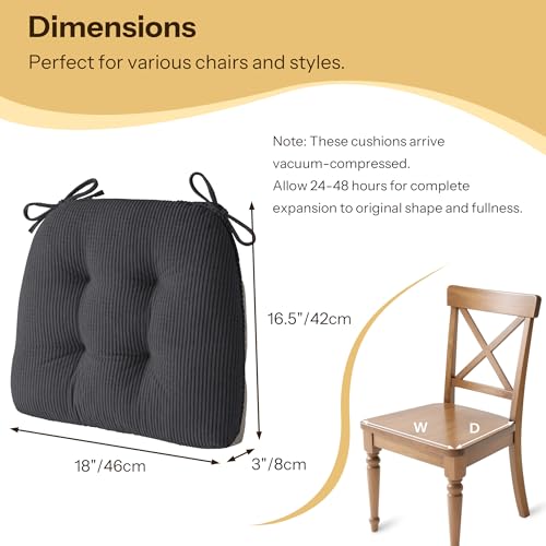 Anti Slip Kitchen Chair Cushions Set of 4 18"X16.5"X3" Dark Grey | Elegant Breathable Textured Fabric, with Ties, Tufted, Thick Polyester Filling, for Dining Chairs, Folding Chairs, Office - color: Dark Grey