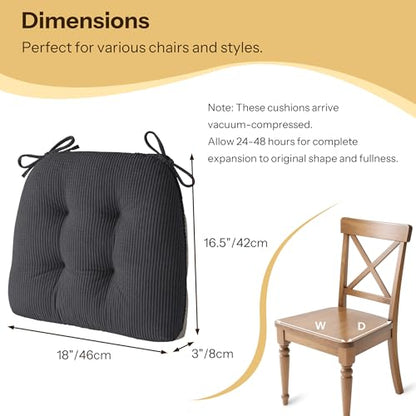 Anti Slip Kitchen Chair Cushions Set of 4 18"X16.5"X3" Dark Grey | Elegant Breathable Textured Fabric, with Ties, Tufted, Thick Polyester Filling, for Dining Chairs, Folding Chairs, Office - color: Dark Grey
