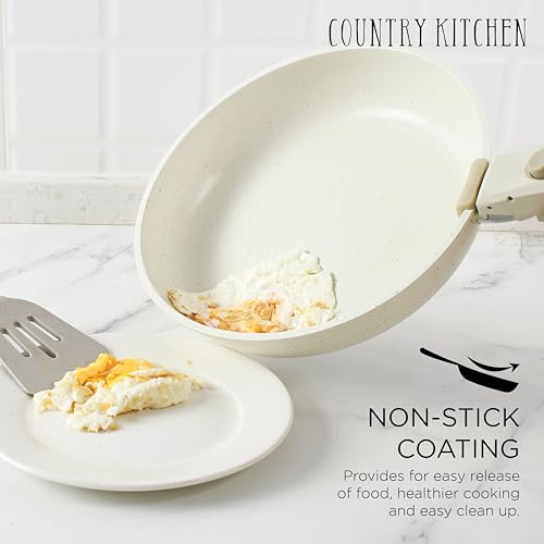 Country Kitchen Cookware Set with Removable Handle, Oven & RV Safe Pots and Pans Set, Cream, Deluxe Larger Set - color: Cream, size: Larger