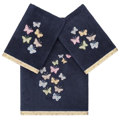 Frolic 3-Piece Towel Set, Exquisite Embroidered Butterflies, 100% Turkish Cotton, Ultra Absorbent, Cottage Decor, 1 Bath 2 Hand Towels, Marine - color: Marine, size: 1 Pc Bath 2 Pcs Hand Towel