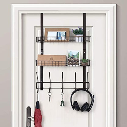 OYEAL Over The Door Hook Rack with 5 Hooks 2 Baskets Steel, Sturdy Durable Coat Rack Towel Hooks Hanging Organizer Shelves for Home Bedroom Bathroom Kitchen, Brown - color: Brown
