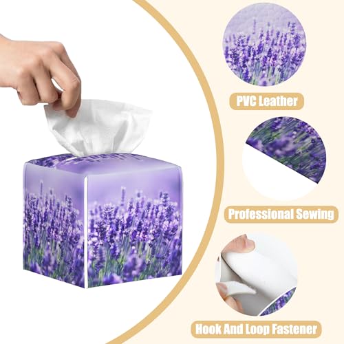 Lavender Flowers Tissue Box Cover Square, Tissue Box Holder with Bottom Belt Leather Facial Paper Organizer Dispenser for Bathroom Bedroom Dresser Night Stand Tabletop - color: Lavender Flowers