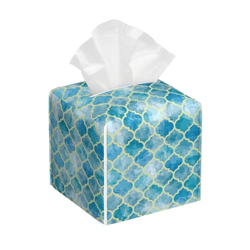 Blue Moroccan Quatrefoil Tissue Box Cover Leather Tissue Box Holder Square Facial Paper Case Organizer Dispenser for Bathroom Vanity Countertop Tabletop Car Office - color: Color13