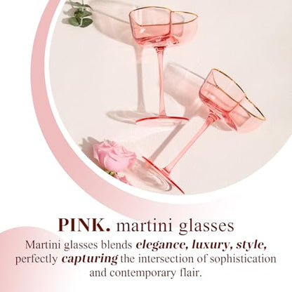 Pink Coupe Glasses Set of 2, Heart-Shaped Martini Glasses with Golden Rim, Fancy Manhattan, Cosmopolitan, Sidecar Cocktail Glassware for Wedding, Mothers Day, Birthdays, Anniversary- 8oz - size: 2 Count(Pack of 1)