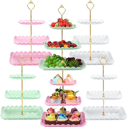 6 Pcs 3 Tier Cupcake Stand Tea Party Trays 3 Tier Serving Tray Plastic Dessert Stand Cake Fruit Candy Display Tower for Wedding Birthday Tea Party (Square,White,Pink,Green) - color: White,pink,green, size: Square