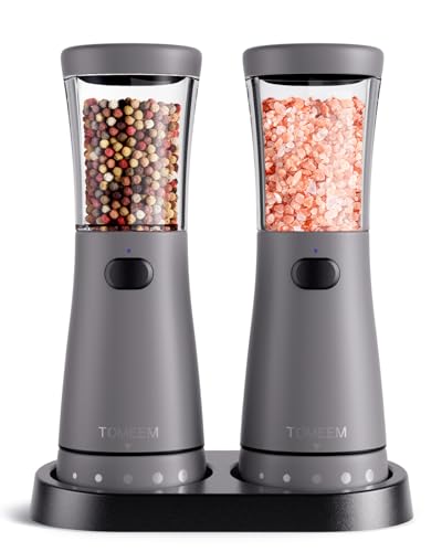 Electric Salt and Pepper Grinder Set with Storage Base, Stainless Steel Rechargeable Salt and Pepper Grinder Set with 4.5 oz Large Capacity, 1.8" Wide Mouth, Adjustable Coarseness, Ideal for Kitchen - color: Dark Gray