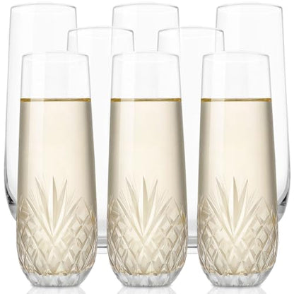 SHOSHIN Hand-Cut Crystal Stemless Champagne Flutes – Perfect for Parties, Weddings, and Celebrations – Elegant Set of 8 Champagne Glasses, 9.5 oz - color: Agave set of 8