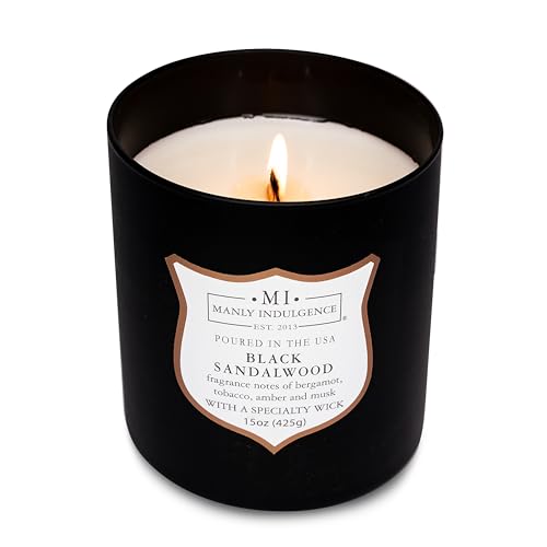 Manly Indulgence Black Sandalwood Scented Candle for Men 15 oz – Bergamot, Tobacco, Amber & Musk - Wood Wick - Up to 60 Hours Burn - Soy Blend Wax, USA Poured – Signature Collection - color: Black Sandalwood