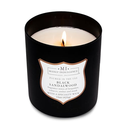 Manly Indulgence Black Sandalwood Scented Candle for Men 15 oz – Bergamot, Tobacco, Amber & Musk - Wood Wick - Up to 60 Hours Burn - Soy Blend Wax, USA Poured – Signature Collection - color: Black Sandalwood