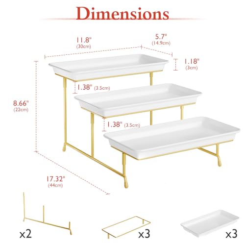 Bumusty 3-Tier Melamine Serving Tray Set, 11.5 x 5.6 in, Gold Stand | Melamine Reusable Platters with Metal Display Stand for Cupcakes, Desserts, Fruit, Cookies, Parties, Birthdays and Holidays - color: Gold, size: 11.8" x 5.7"