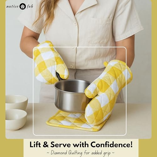 Native Fab Buffalo Plaid Check Oven Mitts and Pot Holders Set of 4, 100% Cotton Heat Resistant Kitchen Gloves, 2 Oven Mitts (7x13), 2 Pot Holders (8x8) for Cooking & Baking, Lemon Yellow White - color: Buffalo, Lemon Yellow