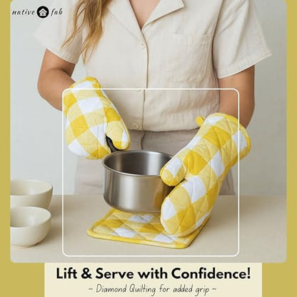 Native Fab Buffalo Plaid Check Oven Mitts and Pot Holders Set of 4, 100% Cotton Heat Resistant Kitchen Gloves, 2 Oven Mitts (7x13), 2 Pot Holders (8x8) for Cooking & Baking, Lemon Yellow White - color: Buffalo, Lemon Yellow
