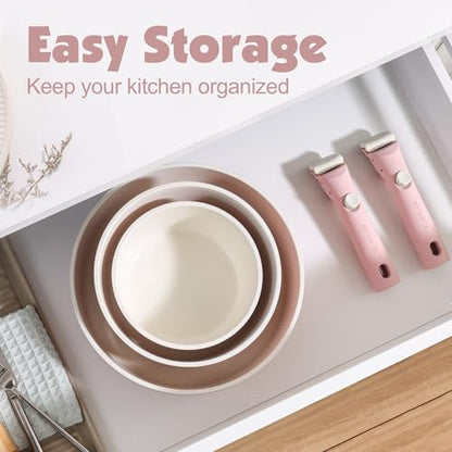 SENSARTE 17 Piece Ceramic Detachable Handle Pots and Pans Set Pink | Ceramic Cookware Set, Induction Cookware Set with Removable Handle, Healthy Non Stick for RV, Dishwasher ＆ Oven Safe - color: Pink, size: 17 Piece