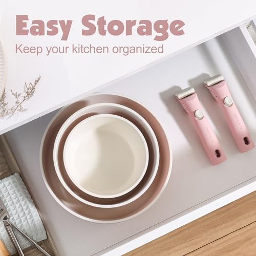 SENSARTE 24 Piece Ceramic Detachable Handle Pots and Pans Set Pink | Ceramic Cookware Set, Induction Cookware Set with Removable Handle, Healthy Non Stick for RV, Dishwasher ＆ Oven Safe - color: Pink, size: 24 Piece