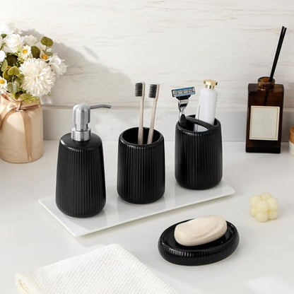 vancasso Ceramic Bathroom Accessories Set 4 Piece, Soap Dispenser with Stainless Steel Pump, Toothbrush Holder, Tumbler and Soap Dish, Modern Relief Design, Bathroom Decor Organizer, Black - style: Black