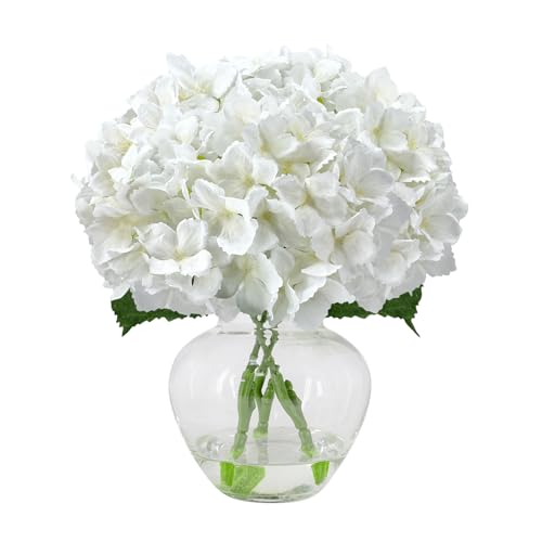White Silk Hydrangea Artificial Flowers Fringed Edge Fake Flowers with Glass Vase, Centerpiece for Home Decor Bathroom Table Centerpiece Shelf Decorations - color: White 2