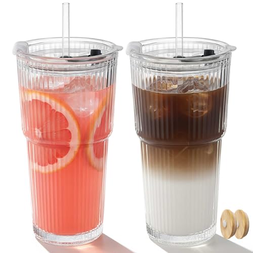 Ruckae 20oz Ribbed Glass Tumbler with Lids and Straws – 2 Pack Leak Proof Iced Coffee Cup– Aesthetic Glass Cups with Bamboo Lids for Home,Office,Travel and Gifts (2, Transparent) - color: Transparent with Stripe, size: 20oz-2pack