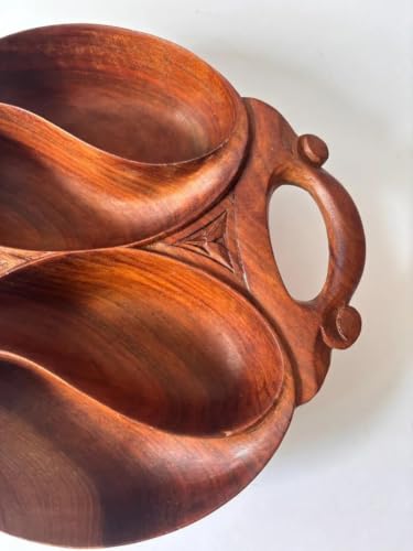 Handcrafted Wooden Divided Serving Bowl with Handles, 3-Compartment Snack Tray, Rustic Carved Wood Fruit Nut Dish for Kitchen Counter Dining Table Party, Brown