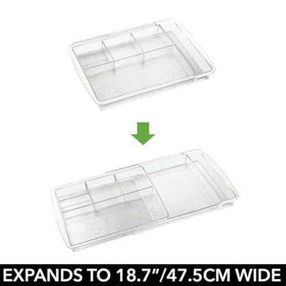 mDesign Expandable Makeup Organizer for Bathroom Drawers, Vanities, Countertops: Organize Makeup Brushes, Eyeshadow Palettes, Lipstick, Lip Gloss, Blush, Concealer - Adjustable Width - Clear - size: Pack of 1