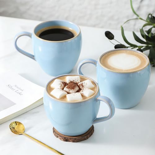Coffee Mugs Set of 4, Stoneware 16 Oz Coffee Mugs for Cappuccino Latte Cocoa and Tea, Ceramic Coffee Cups with Handle,Sky Bule Mugs for Housewarming Gifts, Microwave and Dishwasher Safe - color: Sky Blue
