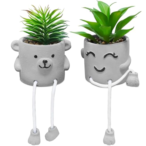 Zerzsy Fake Desk Plants in Cement Pots, Faux Plant Succulents Shelf Decorations, Funny Artificial Succulent Plants for Office Desk Decor, Cubicle Accessories - Set of 2 - color: 2 Pcs Set/a