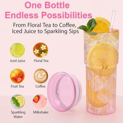 Luiaiog Glass Cups with Lids and Glass Straws, High Borosilicate 20OZ Pink Tumblers (2Pcs) for Coffee, Tea, Juice, Smoothies, Hot & Cold Drinks at Home/Office - color: Pink 2pcs 20oz