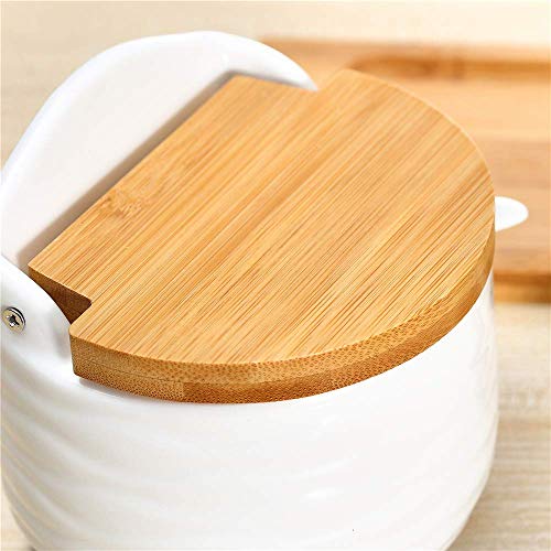 Ceramic Sugar Bowl with Bamboo Lids and Spoons Serving Tray, Porcelain Sugar Container for Sugar Tea Coffee Spice,Salt Condiment with Chalkboard Labels for Home Kitchen,9.1 fl oz 270 ML - color: C-001-2