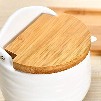 Ceramic Sugar Bowl with Bamboo Lids and Spoons Serving Tray, Porcelain Sugar Container for Sugar Tea Coffee Spice,Salt Condiment with Chalkboard Labels for Home Kitchen,9.1 fl oz 270 ML - color: C-001-2