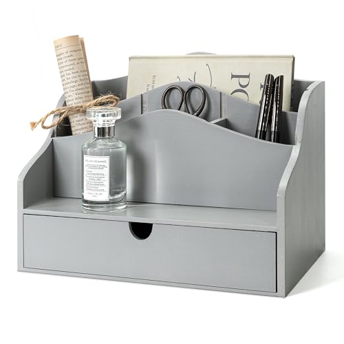 Rebee Vision Mail Organizer for Desk with Drawer Home & Office Decor, Gray | Rustic Mail Sorter, Countertop Organizer, 4-Slot Letter Sorter, Magazine and File Storage, Wood Folder Organizer with Drawer - color: A-Gray