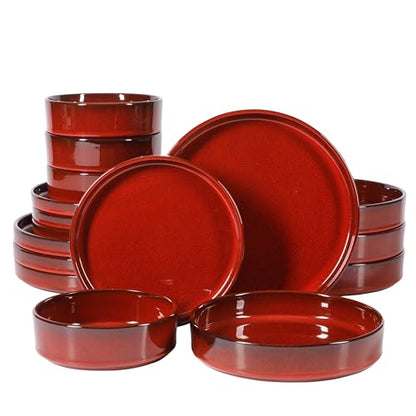 Two Time Oprah's Favorite Things Winner - Santorini Mist Double Bowl Terracotta Reactive Glaze Plates and Bowls Dinnerware Set - Garnet Red, Service for Four (16pcs) - color: Garnet Red