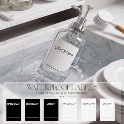 Kitchen Soap Dispenser Set, 2 Pcs 16 oz Clear Glass Bottles with Pump, Instant Dry Diatomite Tray Waterproof Labels Dish Brush and Holder Non-Slip Base for Kitchen and Bathroom(White)