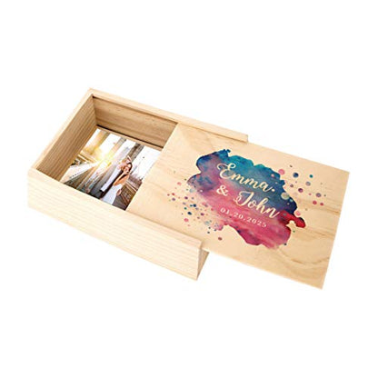 Koyal Wholesale Custom Watercolor Splatter Wedding Keepsake Box, 4 x 6 -inch, Custom Name, Date, Natural Wood - color: Watercolor Splatter