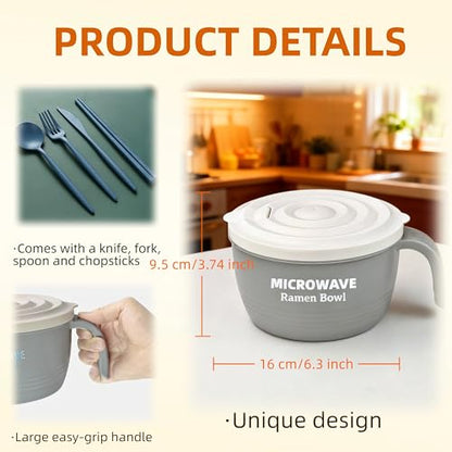 Layron Ramen Cooker Bowl - 45 oz Microwaveable Noodle Bowl Ramen in few Minutes- BPA Free and Dishwasher Safe Set with Chopsticks Perfect for Dorm, Small Kitchen, or Officee (grey) - color: Gray