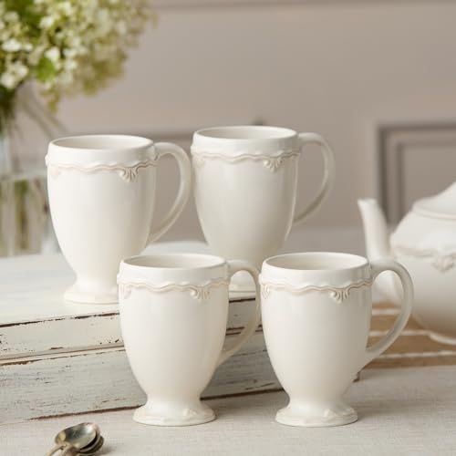 Heritage Scroll Ivory Stoneware Mugs, Set of 4 – Classic Footed Cups with Sculpted Scroll Design – Elegant Tea or Coffee Mugs for Daily Use or Entertaining