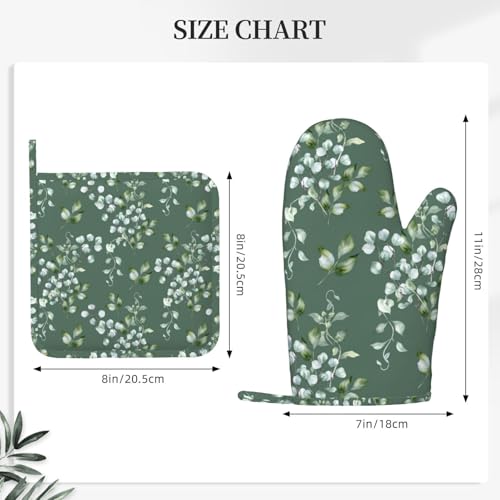 Sage Green Eucalyptus Oven Mitts and Pot Holders Sets for Kitchen Silicone Watercolor Leaves Branches and Holly Leaves Oven Gloves Oven Mitts with 2 Non-Slip Pads Kitchen Gloves for Cooking - color: Sage Green