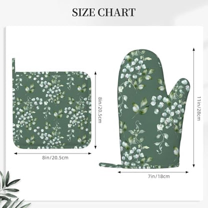 Sage Green Eucalyptus Oven Mitts and Pot Holders Sets for Kitchen Silicone Watercolor Leaves Branches and Holly Leaves Oven Gloves Oven Mitts with 2 Non-Slip Pads Kitchen Gloves for Cooking - color: Sage Green
