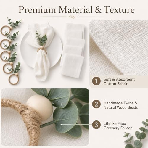 Cloth Napkins and Napkin Rings Set of 6 for Table Decoration | 6PCS White Napkins with 6PCS Boho Green Artificial Leaf Napkin Rings for Wedding Party Dinner Family Gathering Birthday