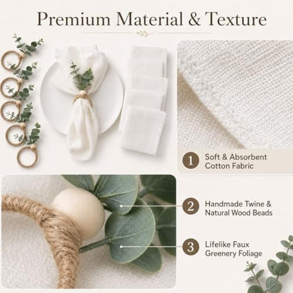 Cloth Napkins and Napkin Rings Set of 6 for Table Decoration | 6PCS White Napkins with 6PCS Boho Green Artificial Leaf Napkin Rings for Wedding Party Dinner Family Gathering Birthday