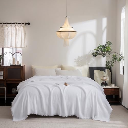 FOSSA Muslin Blanket: 4-Layer 100% Cotton Gauze Blanket with Fringe 98"x98" | Super Soft Breathable Lightweight All Season & Decforative Blanket for Bed, Sofa, Office - color: Bright White, size: Oversize Queen(98" × 98")