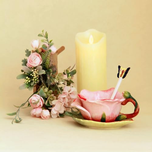 Ceramic Tea Cup and Saucer Set ，6OZ 3D Hand-Painted Flower and Lotus Leaf Coffee Mug，Gift for Women- Pink Rose - color: Pink Rose